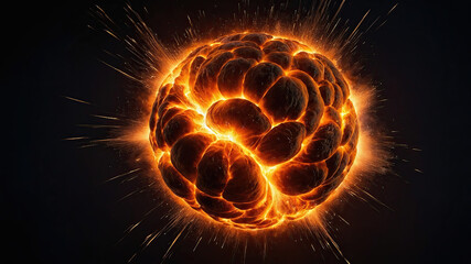 Explosive eruption of molten lava fragments illuminating the dark background with bright sparks flying in all directions