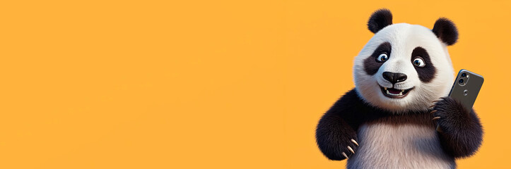 Funny smiling happy panda holding mobile phone.