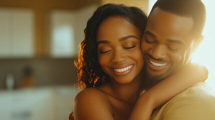 Happy couple sharing a warm embrace in a cozy kitchen  
