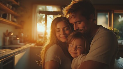 Loving Family Embracing Each Other in a Warm Kitchen Setting  