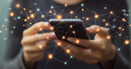 Person Using Smartphone with Digital Network Connection Overlay Technology