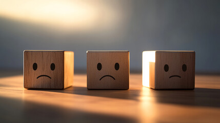 Three wooden cubes with sad faces, one illuminated, symbolize hope and the possibility of overcoming sadness