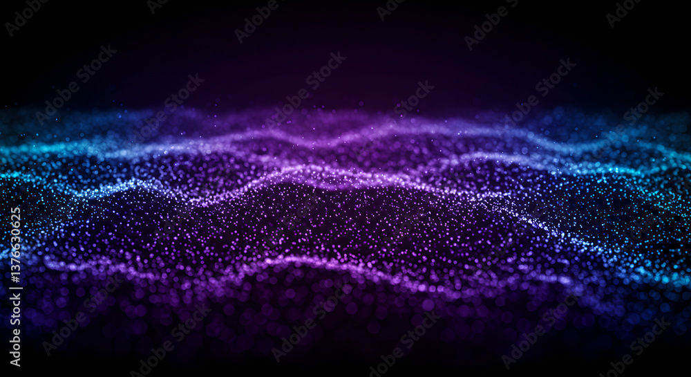 Poster wavy digital background with glowing particles for presentation template, futuristic technology bann