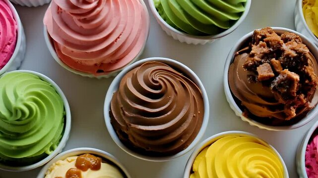 Variety of swirled ice cream bowls, vibrant colors, representing flavor choices