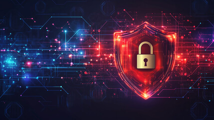 Digital shield symbolizing cybersecurity in an abstract network of glowing data streams during the twilight hours