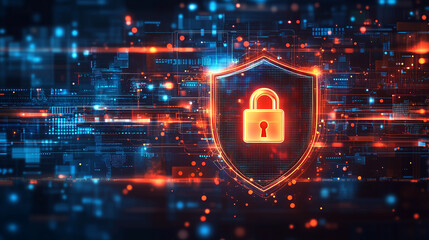 Vibrant digital shield represents cybersecurity and data protection in a high-tech world of interconnected systems