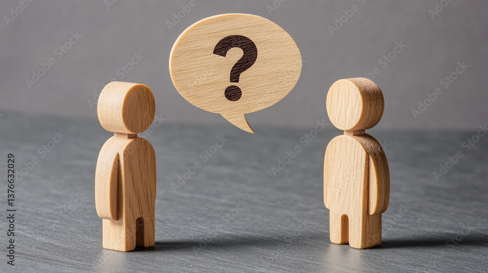 Poster two wooden figures face a speech bubble with a question mark, symbolizing uncertainty, dialogue, or 