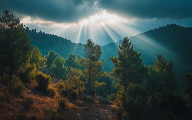 Mountain Forest Sunlight Rays  Suitable for Ecotourism Website