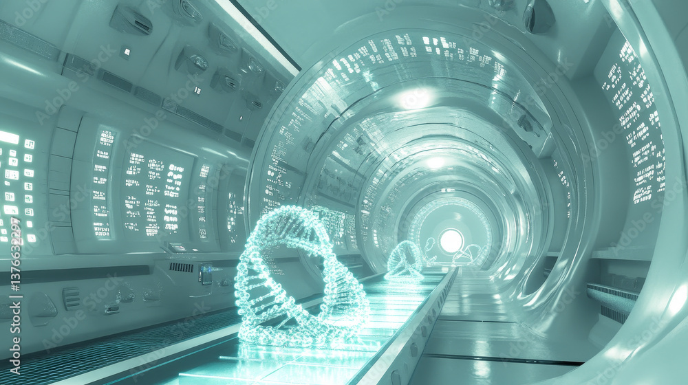 Poster cyber structure 3d illustration. nano space medical research and futuristic discoveries. dna code in