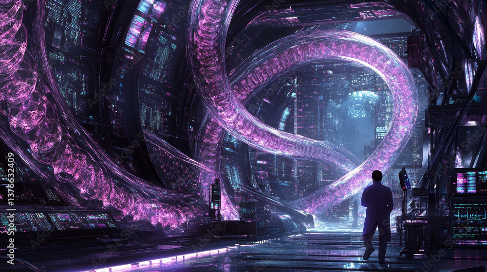 Aufkleber cyber structure 3d illustration. nano space medical research and futuristic discoveries. dna code in