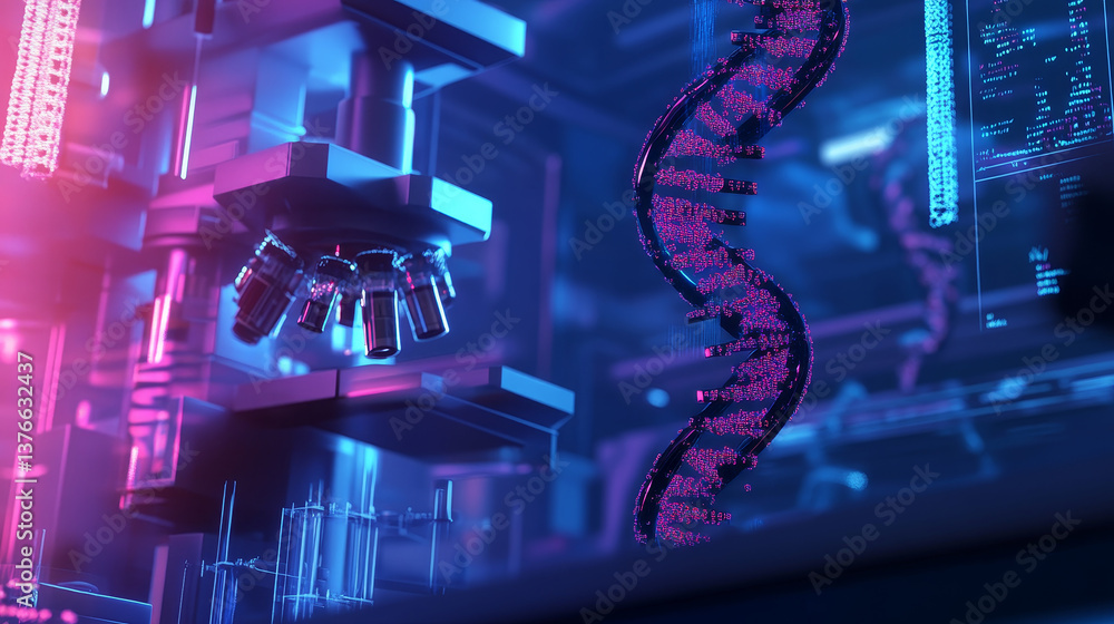 Aufkleber cyber structure 3d illustration. nano space medical research and futuristic discoveries. dna code in