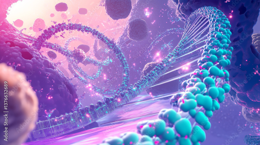 Poster cyber structure 3d illustration. nano space medical research and futuristic discoveries. dna code in