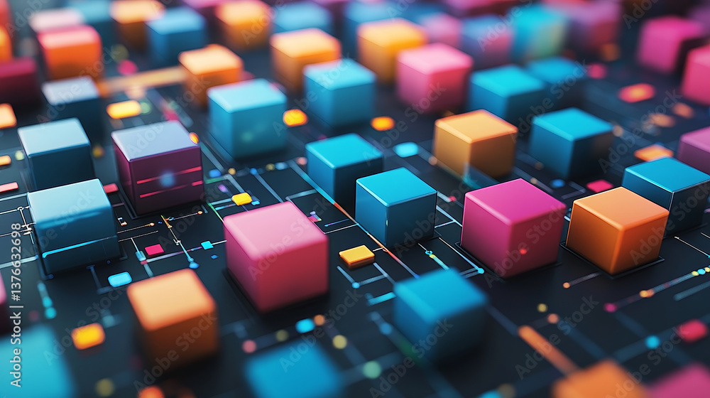 Aufkleber digital cubes with cyberspace background, 3d rendering. digital drawing.