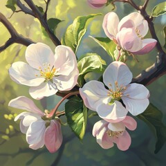 Fototapeta premium Beautiful flowing apple blossoms captured in a detailed and realistic digital painting with soft pastel colors and vibrant growth Generative AI