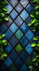 Vertical Blue and Green Diamond-Tiled Design Framed by Lush Leaves

