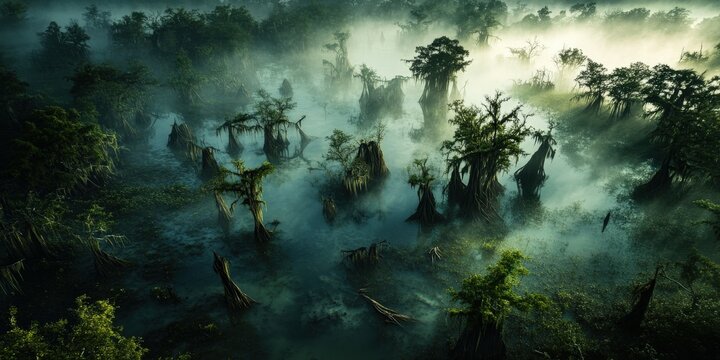 Misty cypress swamp landscape at dawn in Louisiana - Powered by Adobe