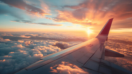 Panoramic Airplane Wing Above Clouds at Sunrise – Top Right Text Space