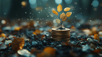 Growth of prosperity symbolized by a young plant emerging from a stack of coins amidst autumn leaves at dusk