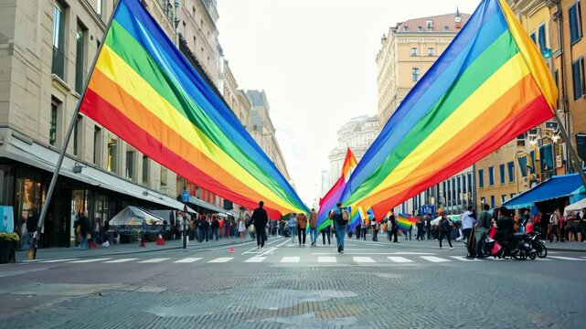 Vibrant pride parade with rainbow flag transforming into love in city street