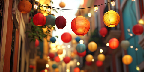 Colorful paper lanterns illuminate a city street at dusk, creating a festive and warm ambiance, symbolizing celebration and community