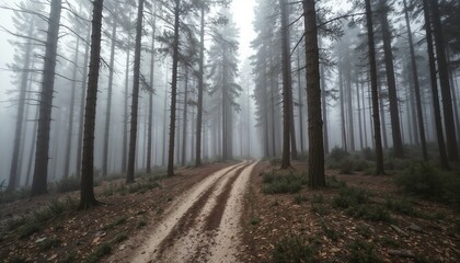 Obraz premium Misty forest path winding through tall pine trees 