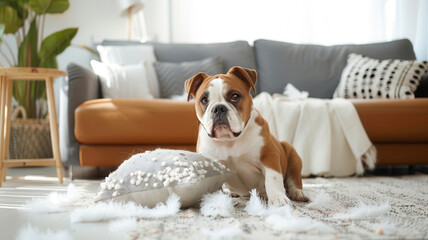 Playful Bulldog Enjoying a Chewed Pillow in an Elegant Living Room Setting