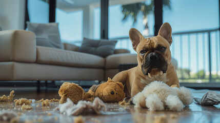 French Bulldog with Destroyed Toy in Modern Living Room Design for Home Decor Inspiration
