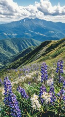 Vibrant spring mountain landscape with majestic peaks and blooms
