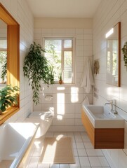 Bright and Airy Bathroom Design - Modern bathroom with white tiles, wooden vanity, and natural light streaming through a window. Plants add a touch of nature