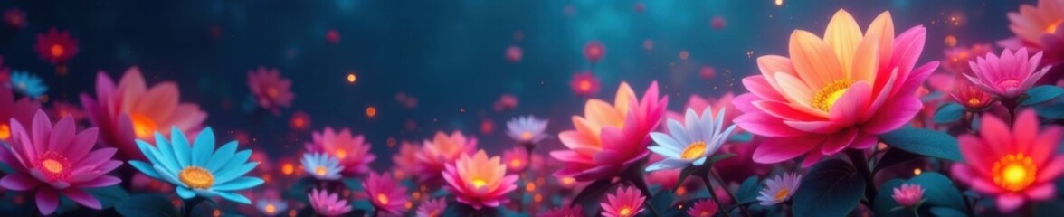 Colorful digital flowers blooming in a futuristic environment, modern, floral