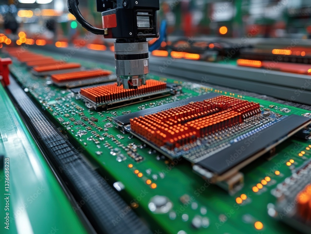 Fototapete close-up view of a microscope inspecting electronic components on a circuit board in an industrial s