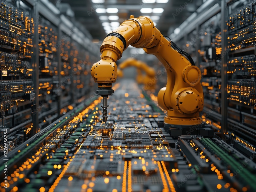 Poster industrial automation: robotic arm in a factory