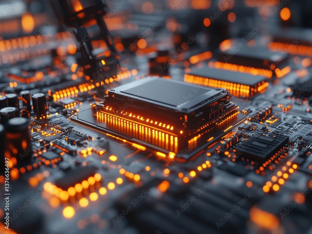 Fototapete Close-up image of a microchip on a circuit board with various electronic components and circuits visible