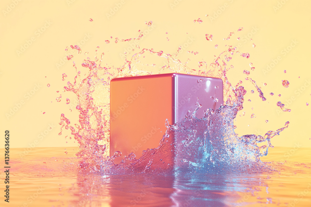 Poster Pink cube submerged in water, creating a splash effect against a pale orange background, showcasing a product display or mockup scene