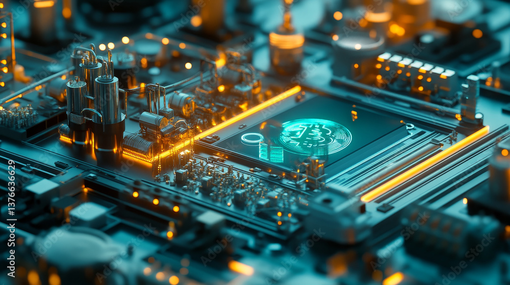 Poster bitcoin. cryptocurrency mining farm. blockchain technology. 3d illustration of abstract cyberspace