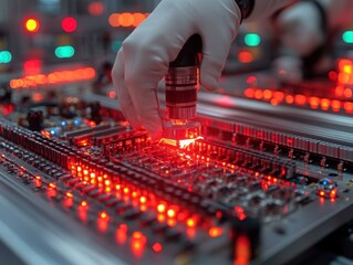 A close-up view of a hand wearing a glove manipulating electronic equipment with red lights.