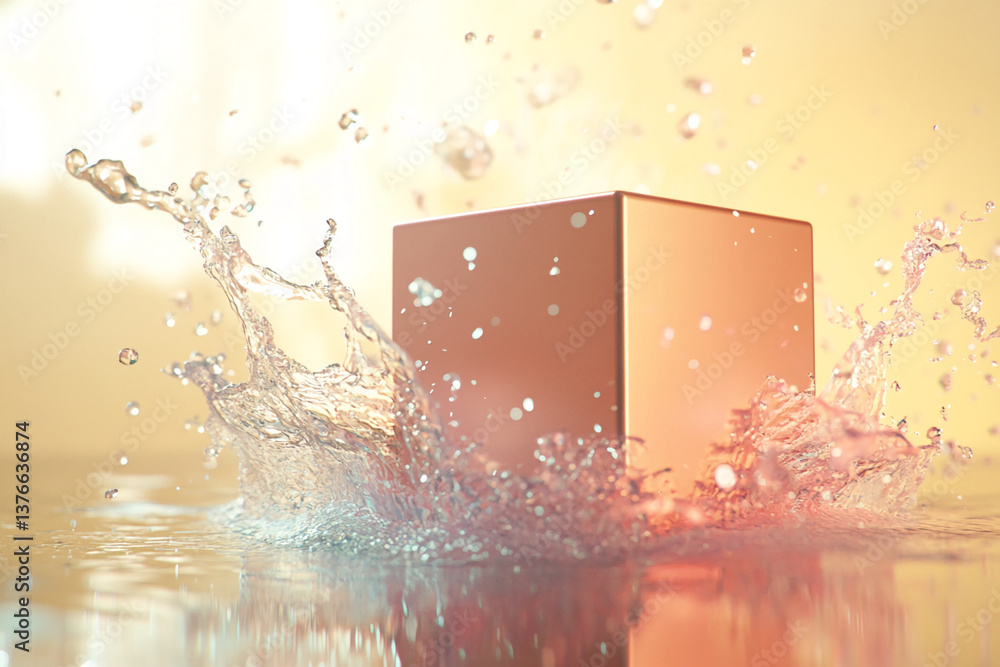 Poster Peach-colored cube submerged in water splash, creating dynamic texture and reflection, showcasing product display or mockup concept