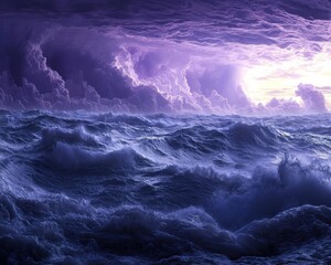Fototapeta premium Dramatic ocean scene under a stormy, purple-hued sky. Waves crash powerfully. Light breaks through