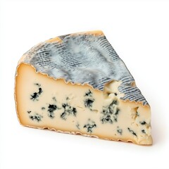 Creamy blue cheese wedge with mold veins and aged rind on white background