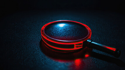 Magnifying glass with red illumination placed on a textured black surface in a dimly lit environment