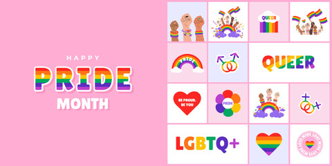 Obraz premium Pride Month Celebration. Colorful LGBTQ Design Template for greeting banner, card, horizontal poster, cover