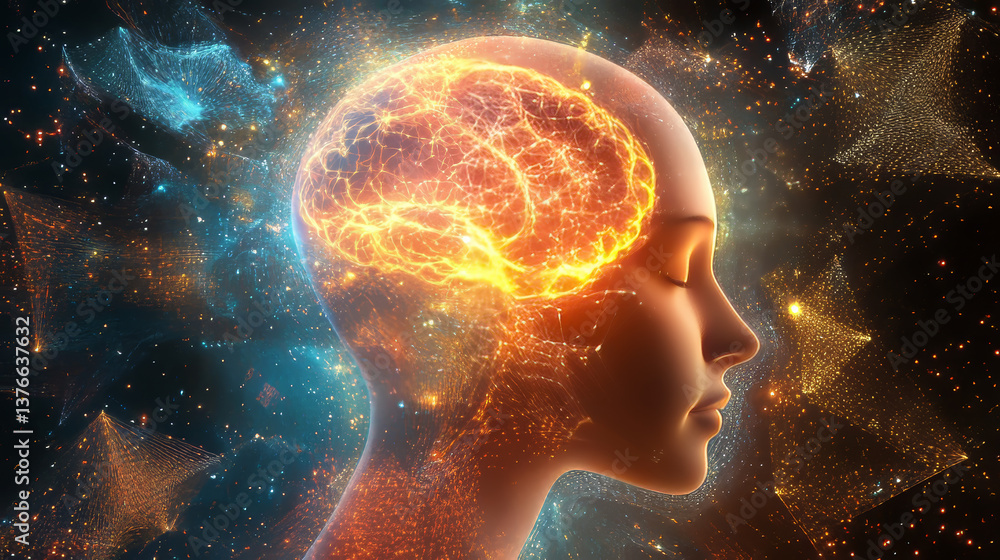Poster digital brain and neural networks. artificial intelligence. computer mind 3d illustration