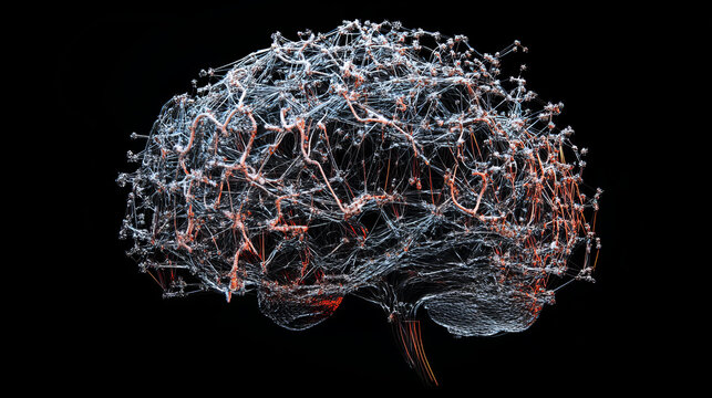 Internet technologies and neural network. 3D illustration of neural connections in artificial intelligence. Big data array and global databases. Abstract, hi-tech with polygonal mesh elements