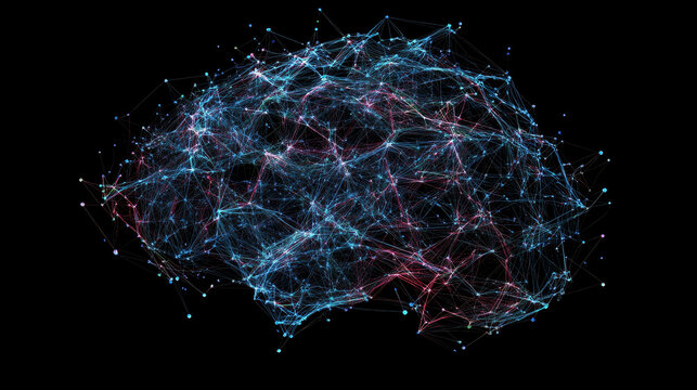 Internet technologies and neural network. 3D illustration of neural connections in artificial intelligence. Big data array and global databases. Abstract, hi-tech with polygonal mesh elements
