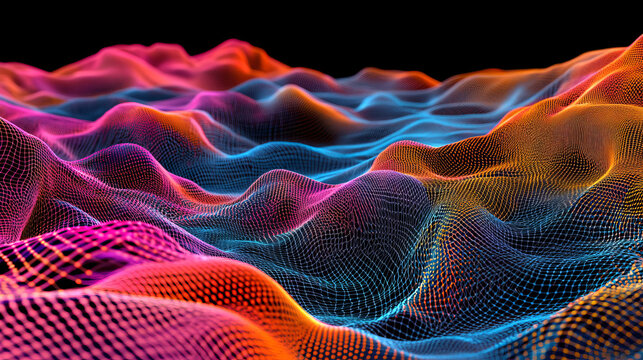 Cyber data stream. Digital neural networks. 3D illustration of a wavy open source surface