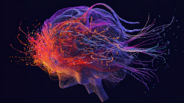 Internet technologies and neural network. 3D illustration of neural connections in artificial intelligence. Big data array and global databases. Abstract, hi-tech with polygonal mesh elements