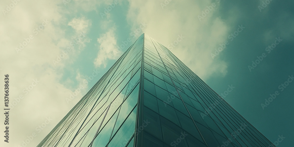 Poster low-angle view of a modern glass building against a cloudy sky, showcasing its architectural design 