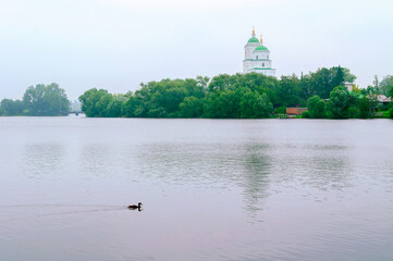 Kyshtym, Chelyabinsk region, Russia. View of the Church of Descent of Holy spirit in the fog