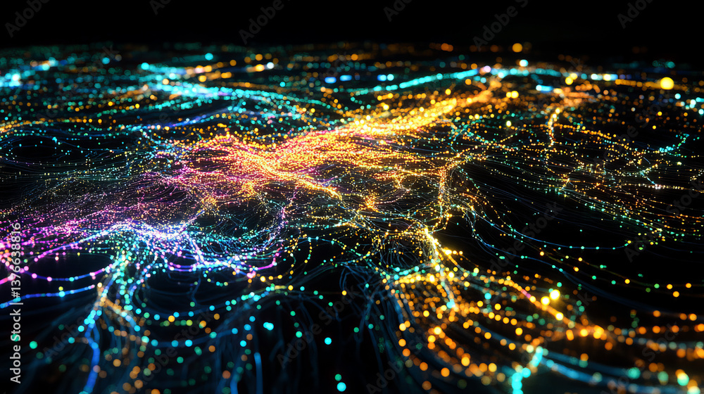 Poster artificial intelligence. big data core. neon light pulses. abstract concept of nerve endings in comp