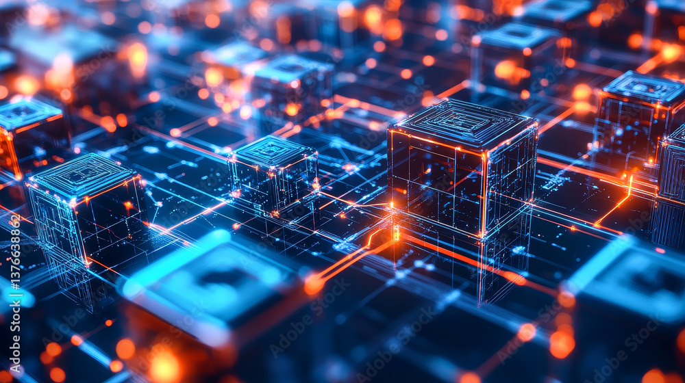 Poster blockchain, high-tech background and information clusters. bigdata concept of digital cyberspace. qu